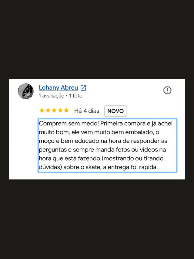 Avaliação de cliente da NB Skate Shop no Google