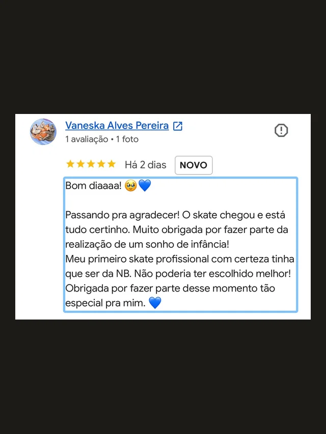 Avaliação de cliente da NB Skate Shop no Google